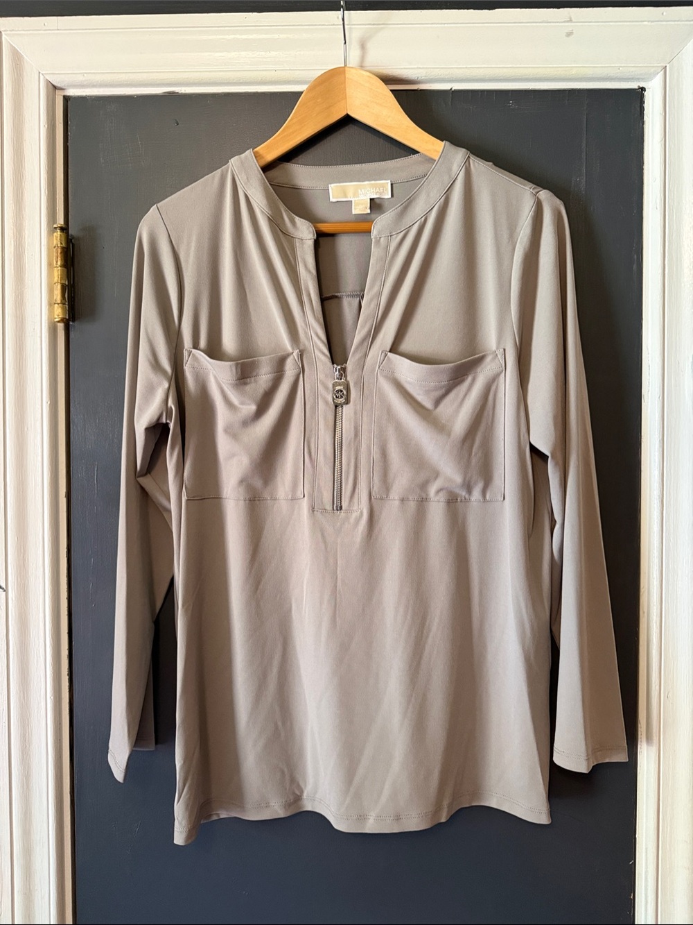 Michael Kors Taupe Long-Sleeve Zip Front Blouse